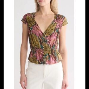 MADEWELL Women's Dark Coffee Shirred Cap-Sleeve Tropical Print Top Size Small